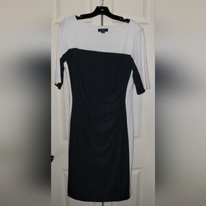 CHAPS Lrg Sheath Dress Short Sleeve Scoop Neck Ruched Cream Black Colorblock #12